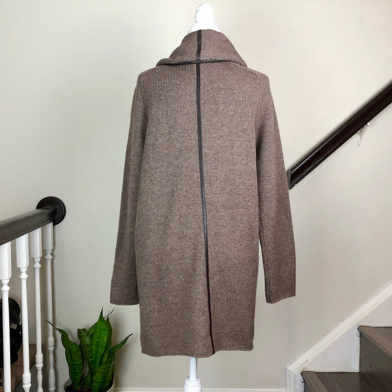Brown Wool and Leather Trim Open-Front Cardigan