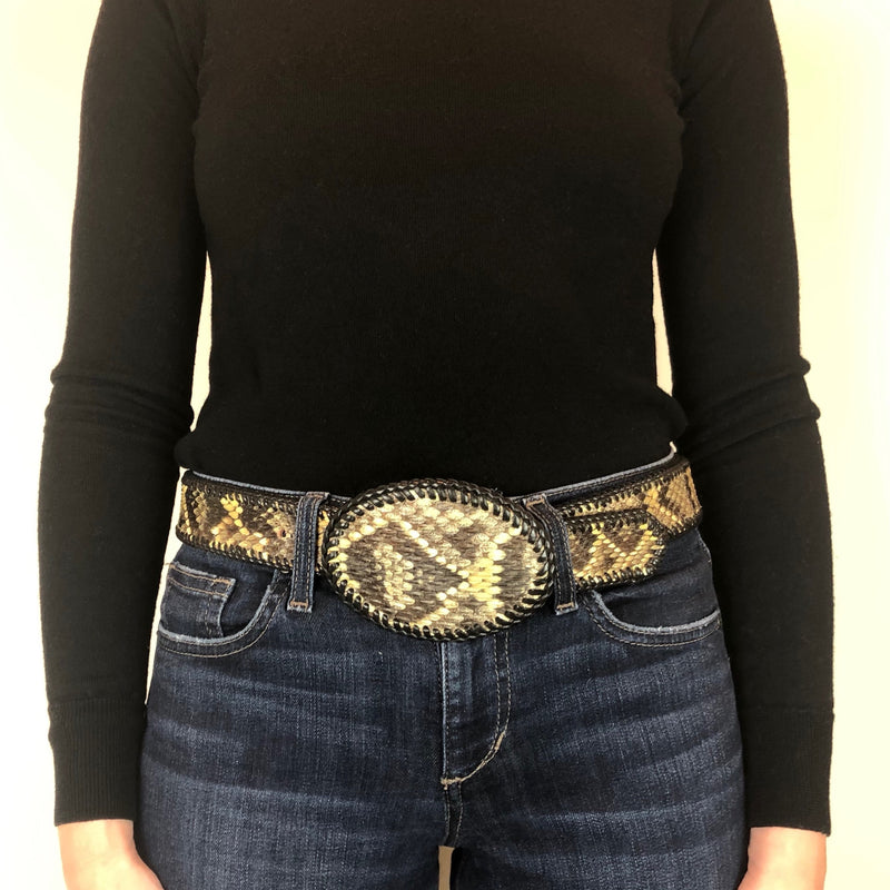Green and Dark Brown Snake Skin Style Leather Belt
