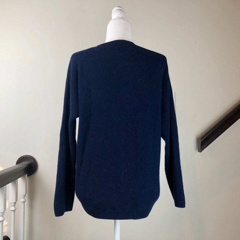 Dark-Blue V-Neck Long-Sleeve Cashmere Sweater