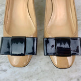 Tan and Black Patent Leather Bow Pumps