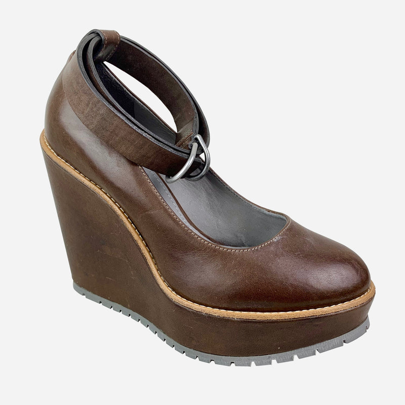Brown Leather Platform Wedge Sandals