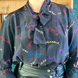 Black and Multicolored 'Pussy Bow' Silk Blouse