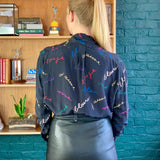 Black and Multicolored 'Pussy Bow' Silk Blouse