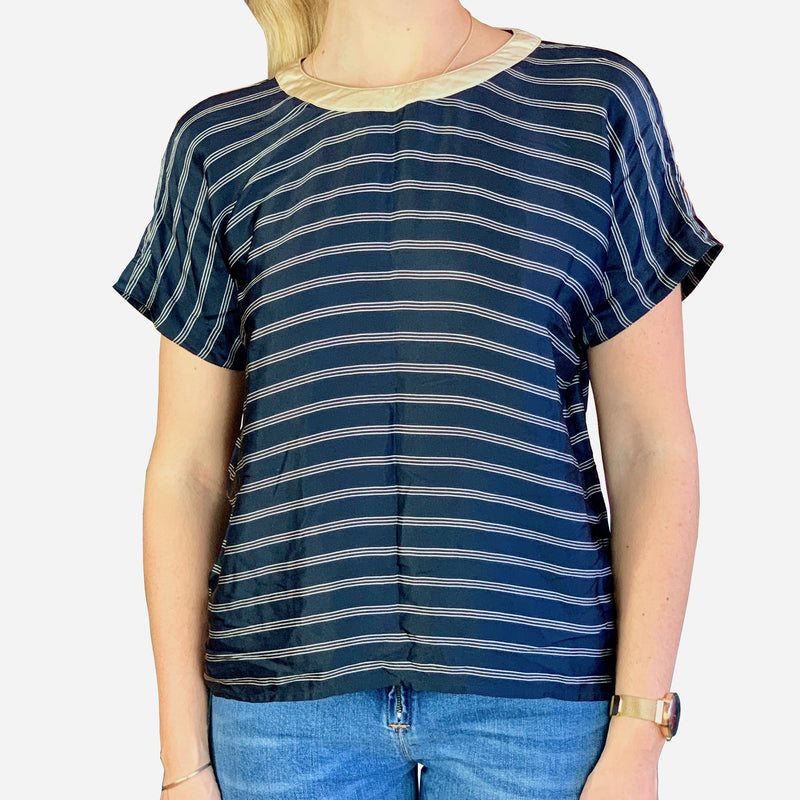 Navy-Blue Striped Short-Sleeve Blouse