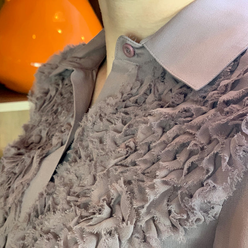 Purple Silk Ruffle Sheer Button-Up Blouse