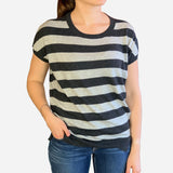 Gray Striped Short-Sleeve Light-Weight Knit Top