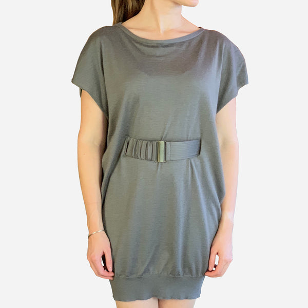 Taupe Short-Sleeve Light-Weight Knit Cashmere Sweater Dress