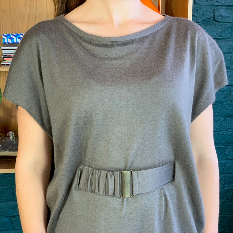 Taupe Short-Sleeve Light-Weight Knit Cashmere Sweater Dress