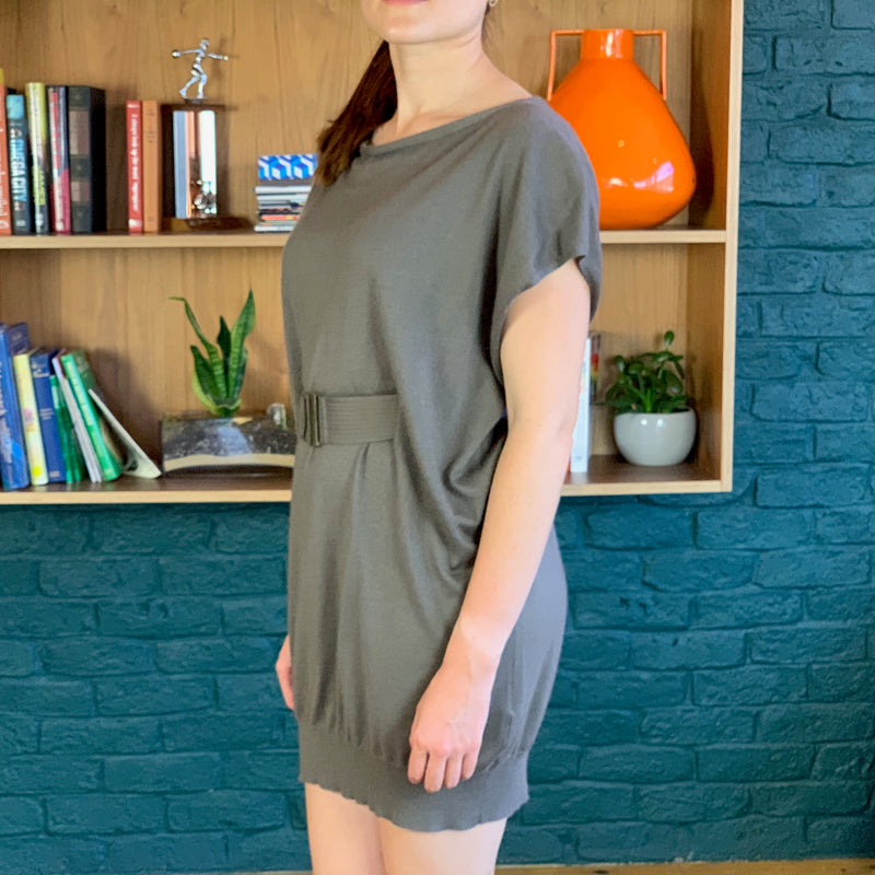 Taupe Short-Sleeve Light-Weight Knit Cashmere Sweater Dress