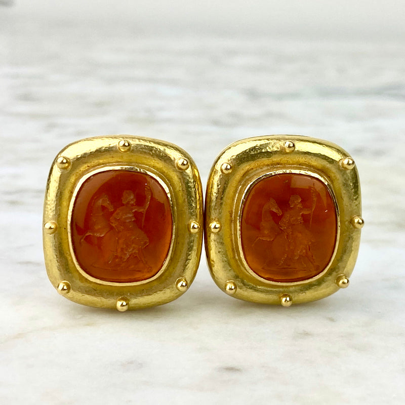 18K Yellow Gold and Orange Intaglio Ear Clip Earrings