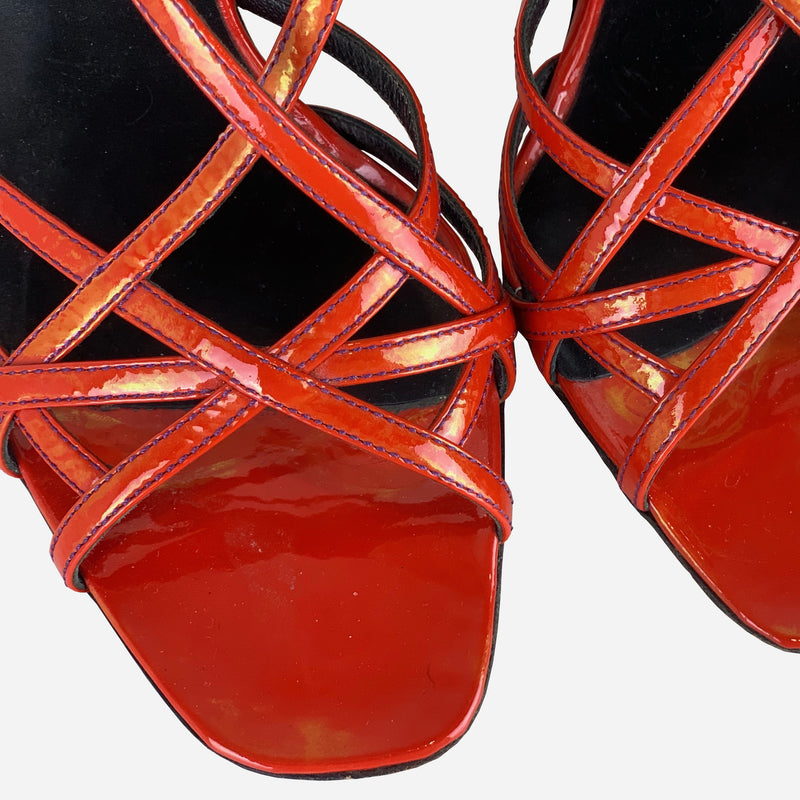 Red Iridescent Patent Leather Wedge Sandals