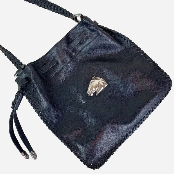 Black Leather Horse Drawstring Shoulder Bag