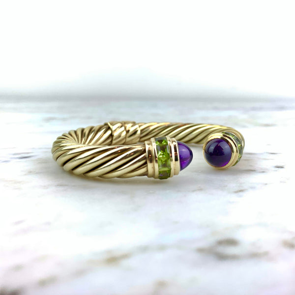 14K Amethyst and Peridot Classic Cable Cuff Bracelet