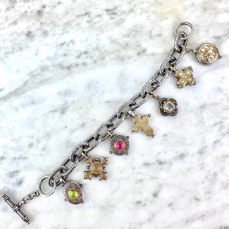 18K Yellow Gold, Sterling Silver, Pearl and Multistone Seven Charm Bracelet
