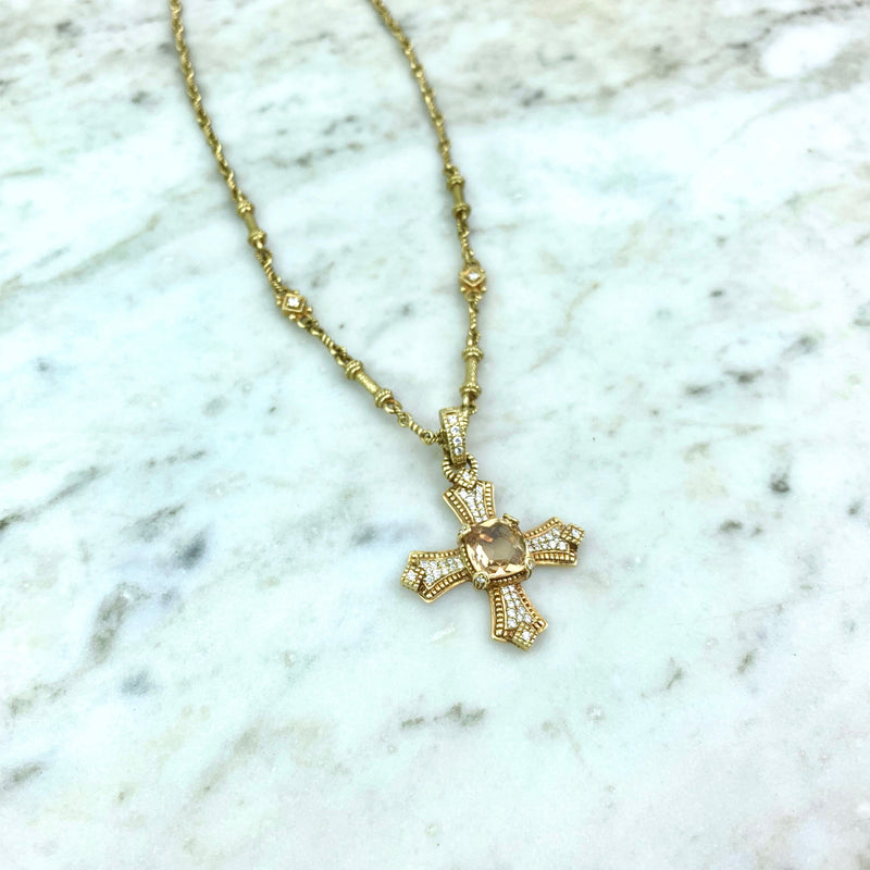 18K Yellow Gold, Diamond and Canary Crystal Cross Pendant Necklace